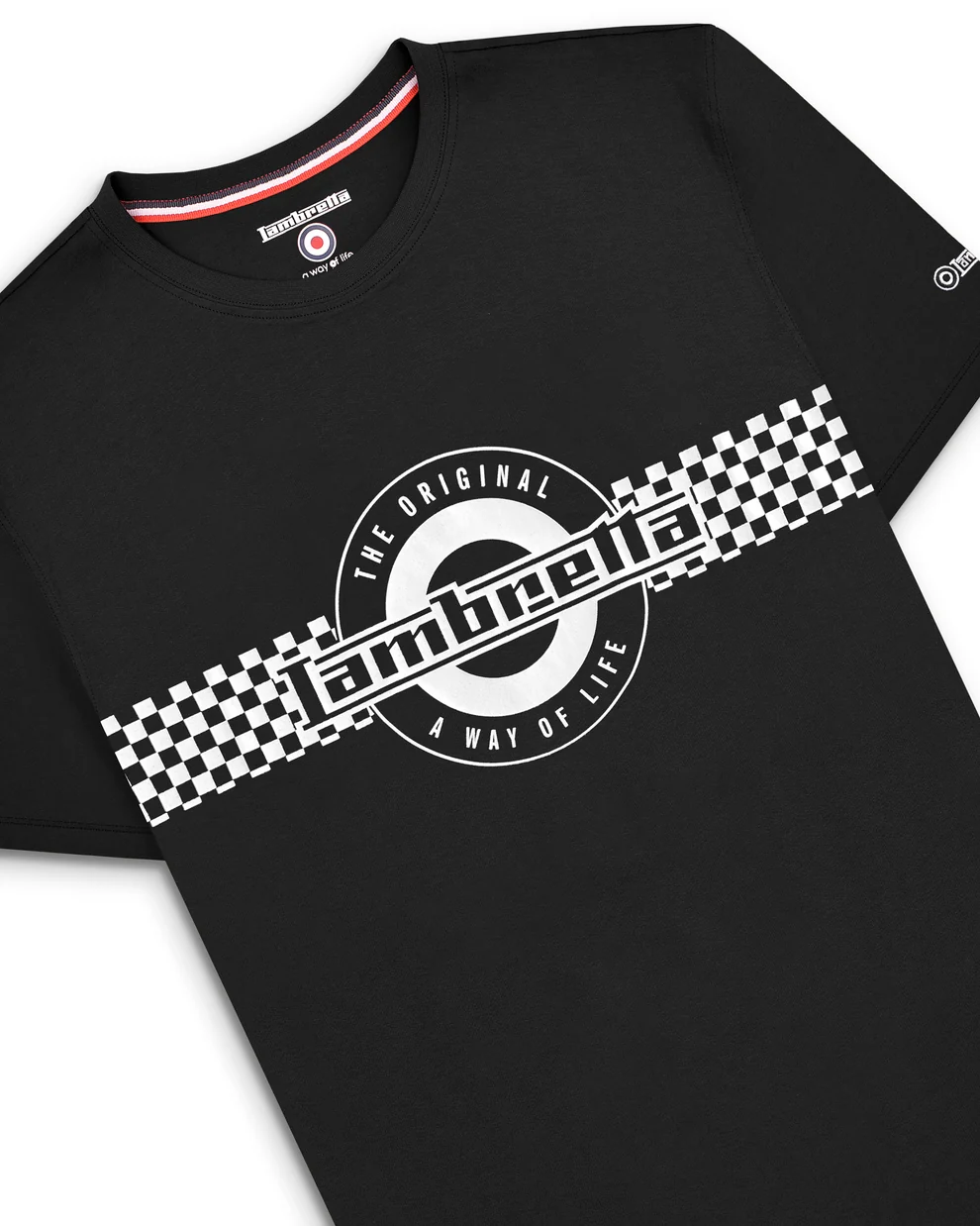 A black short-sleeve crewneck t-shirt featuring a white circular 'The Original Lamborghini' graphic with a checkered stripe design, shown on a clean white background.