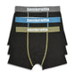 Three pairs of black boxer briefs with different colored waistbands featuring the Lambretta logo on a white background.
