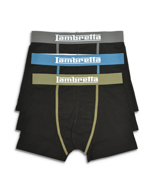 Three pairs of black boxer briefs with different colored waistbands featuring the Lambretta logo on a white background.