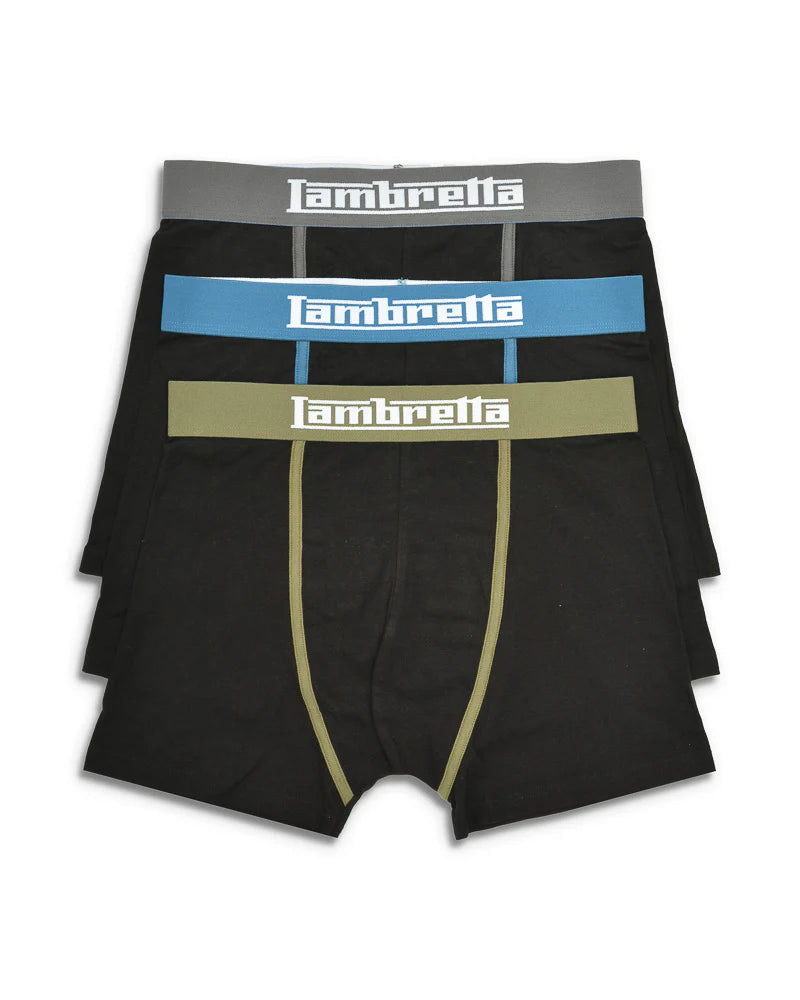 Three pairs of black boxer briefs with different colored waistbands featuring the Lambretta logo on a white background.