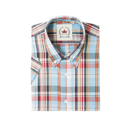 Relco Mens Light Blue Checked Short Limited Edition Sleeved Button Down Shirts