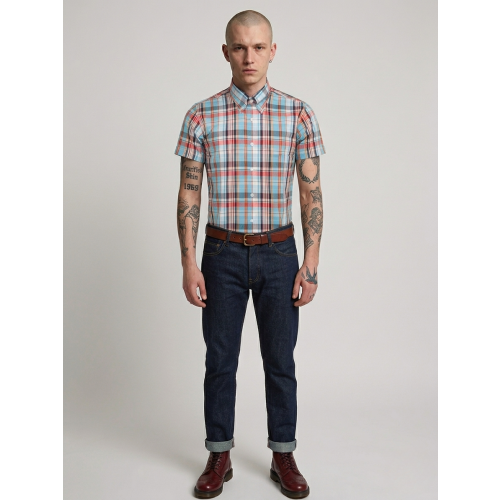 Relco Mens Light Blue Checked Short Limited Edition Sleeved Button Down Shirts