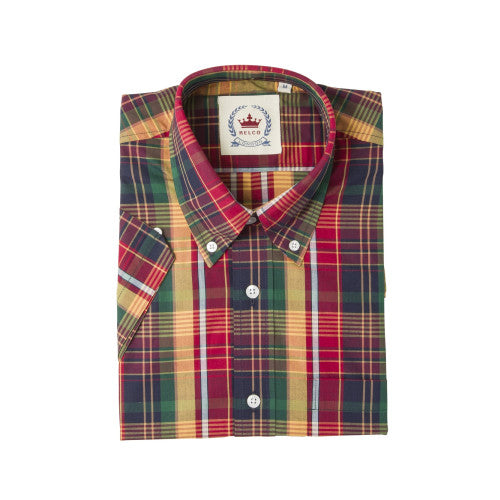 Folded plaid shirt with a brand label on a white background