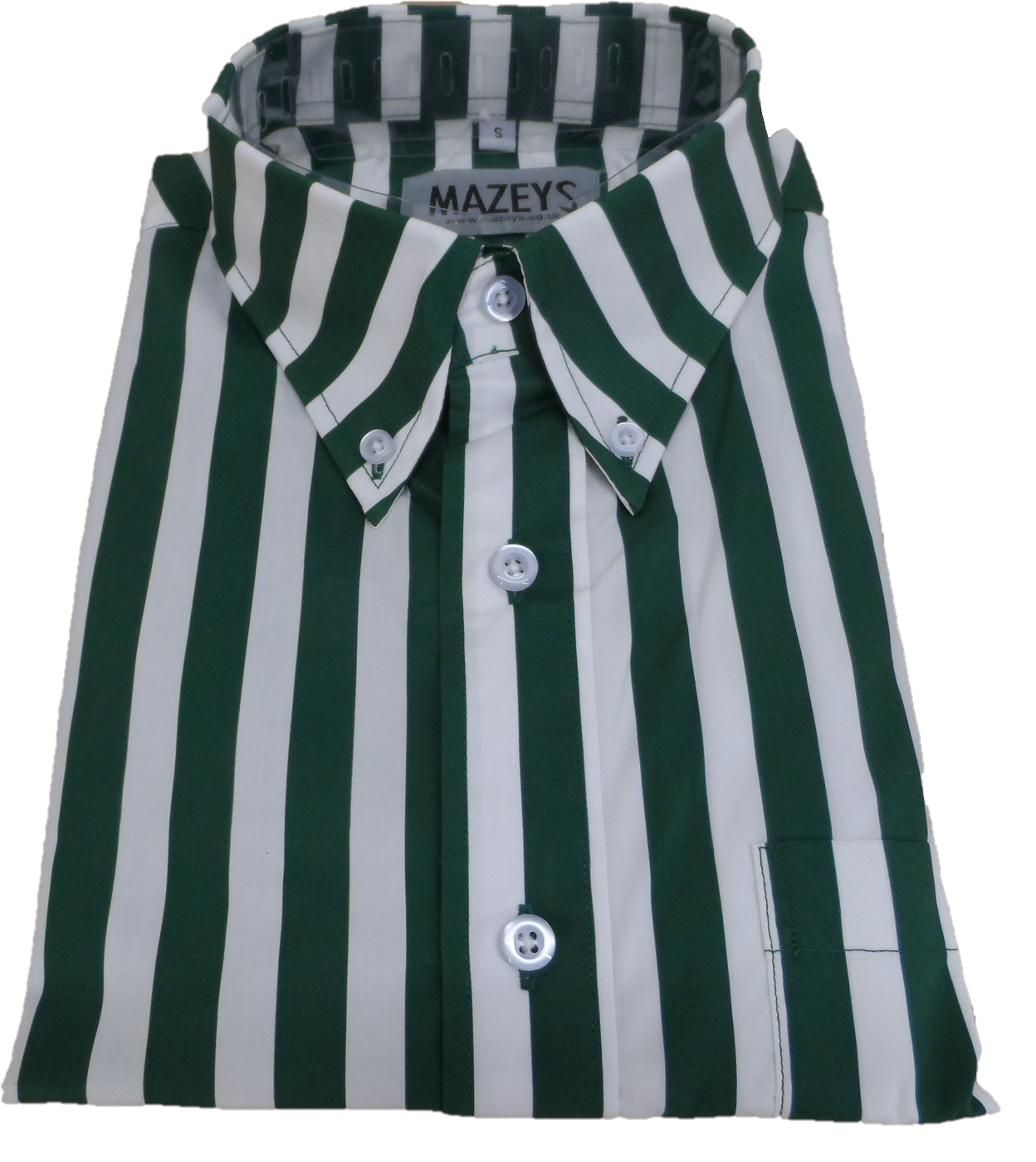 A long-sleeve button-down shirt with vertical dark green and white stripes, featuring a pointed collar, white buttons, and a visible 'MAZEYS' brand label inside the collar.