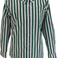 A long-sleeve button-down shirt with vertical green and white stripes, featuring a classic collar and a chest pocket.