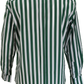 A long-sleeve button-up shirt with vertical green and white stripes, shown from the back.