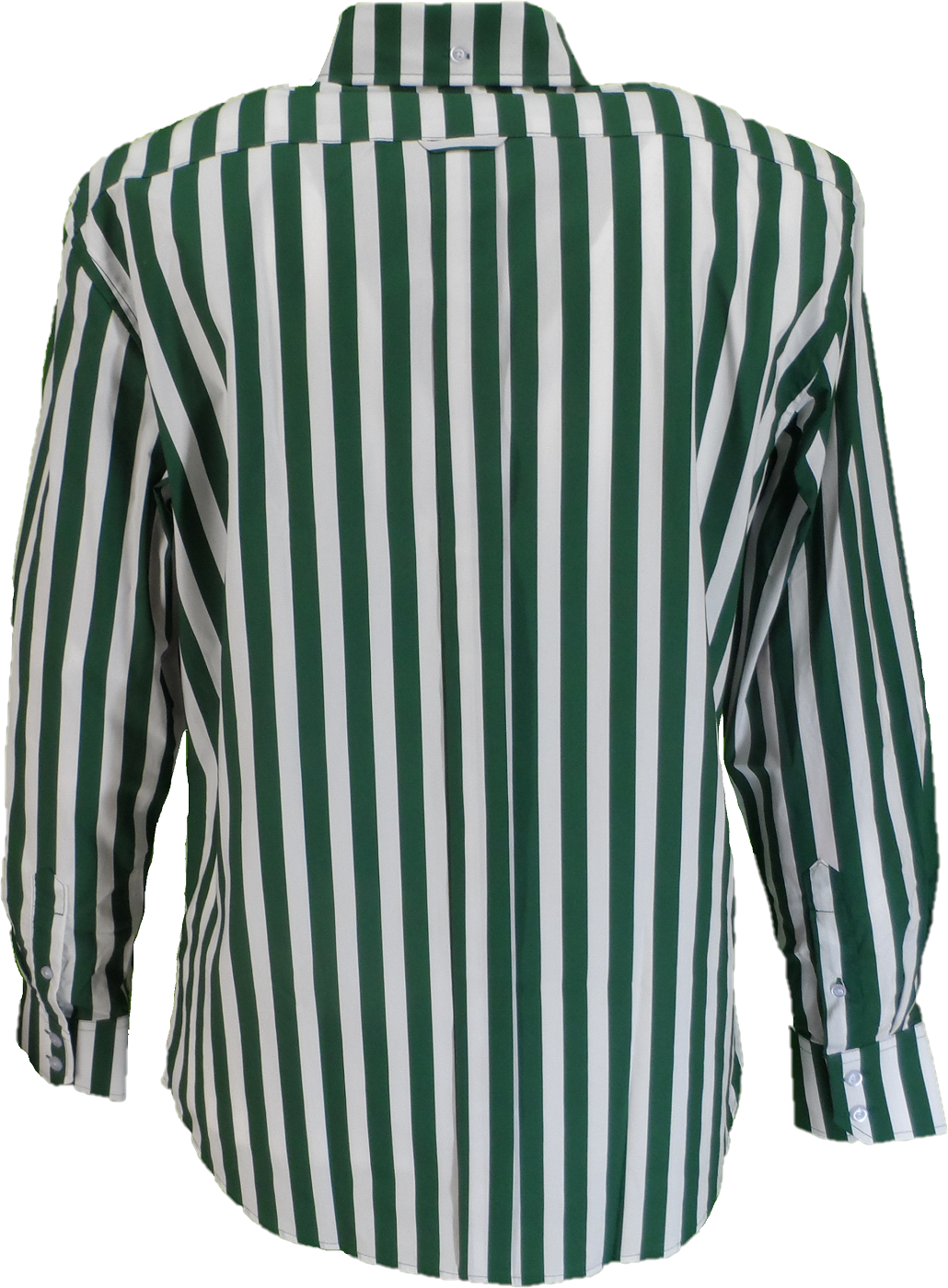 A long-sleeve button-up shirt with vertical green and white stripes, shown from the back.