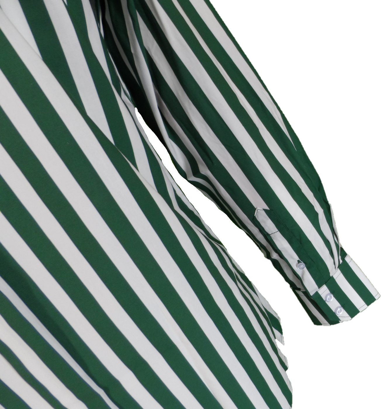 Close-up of a green and white striped long-sleeve shirt showing the fabric texture and cuff detail against a plain white background.