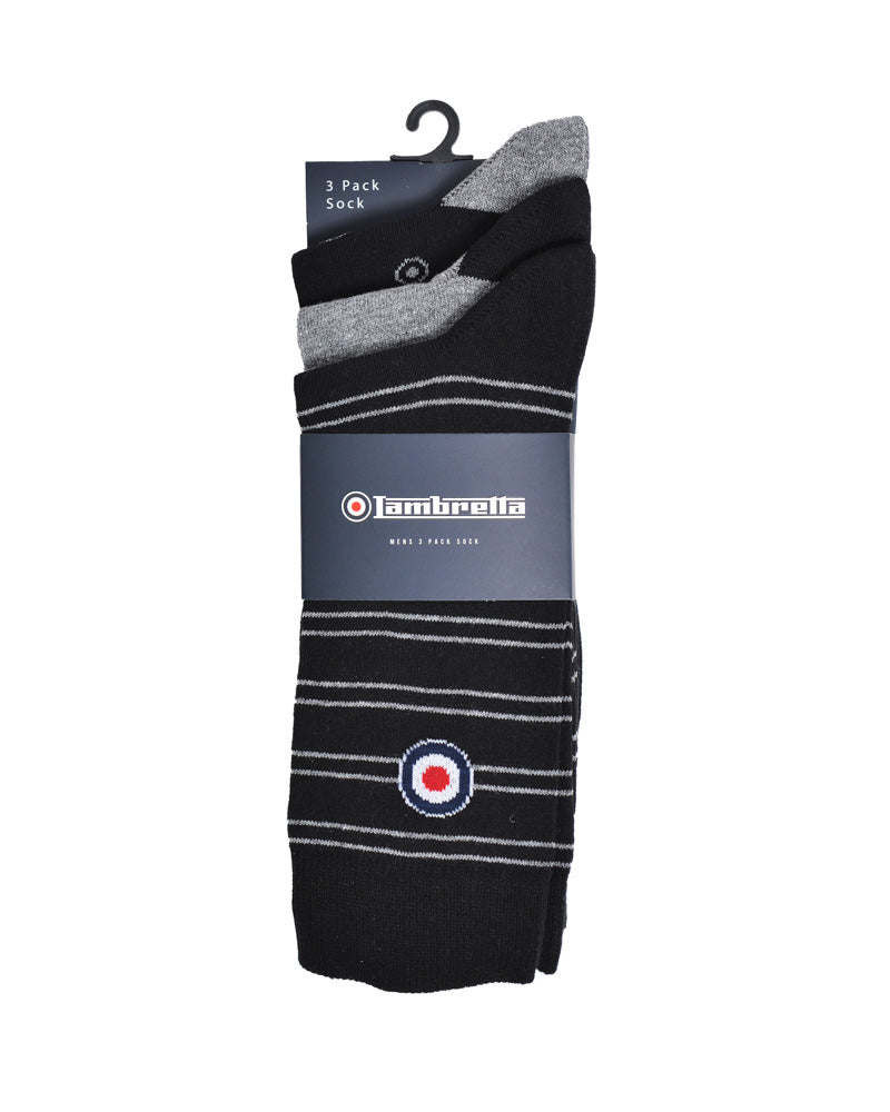 Lambretta Mens 3 Pair Pack of Black/Grey Retro Socks