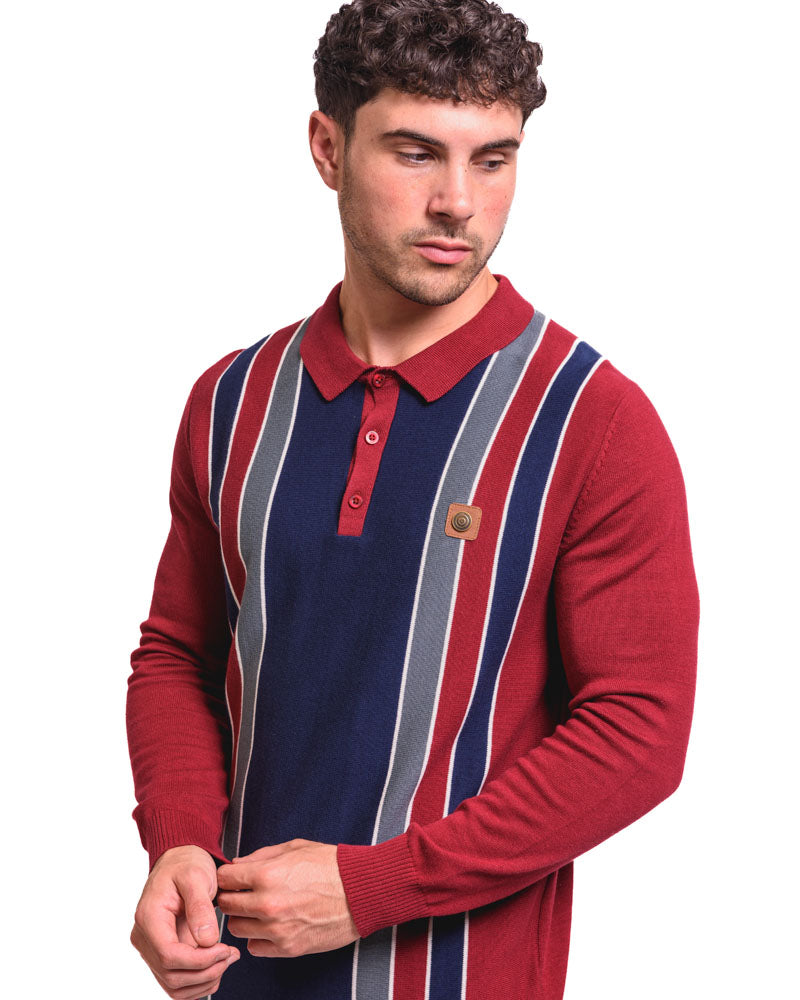Lambretta Mens Burgundy Striped Knitted Polo Shirt