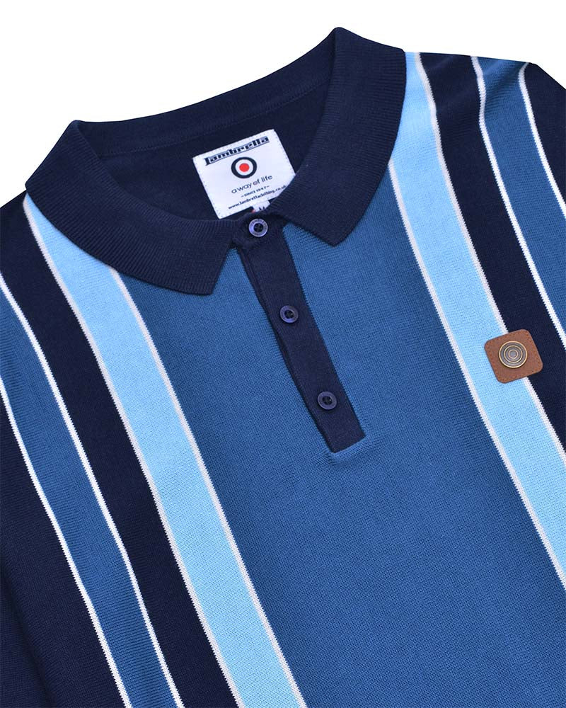 Marineblau Gestreiftes Strick-Poloshirt Für Herren Lambretta