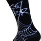 Black sock with white spider web and skull design on a white background
