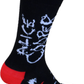 Black sock with red accents and white text on a white background
