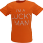 Orange t-shirt with 'I'm a Lucky Man' text on a white background