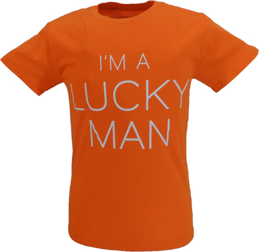 Orange t-shirt with 'I'm a Lucky Man' text on a white background
