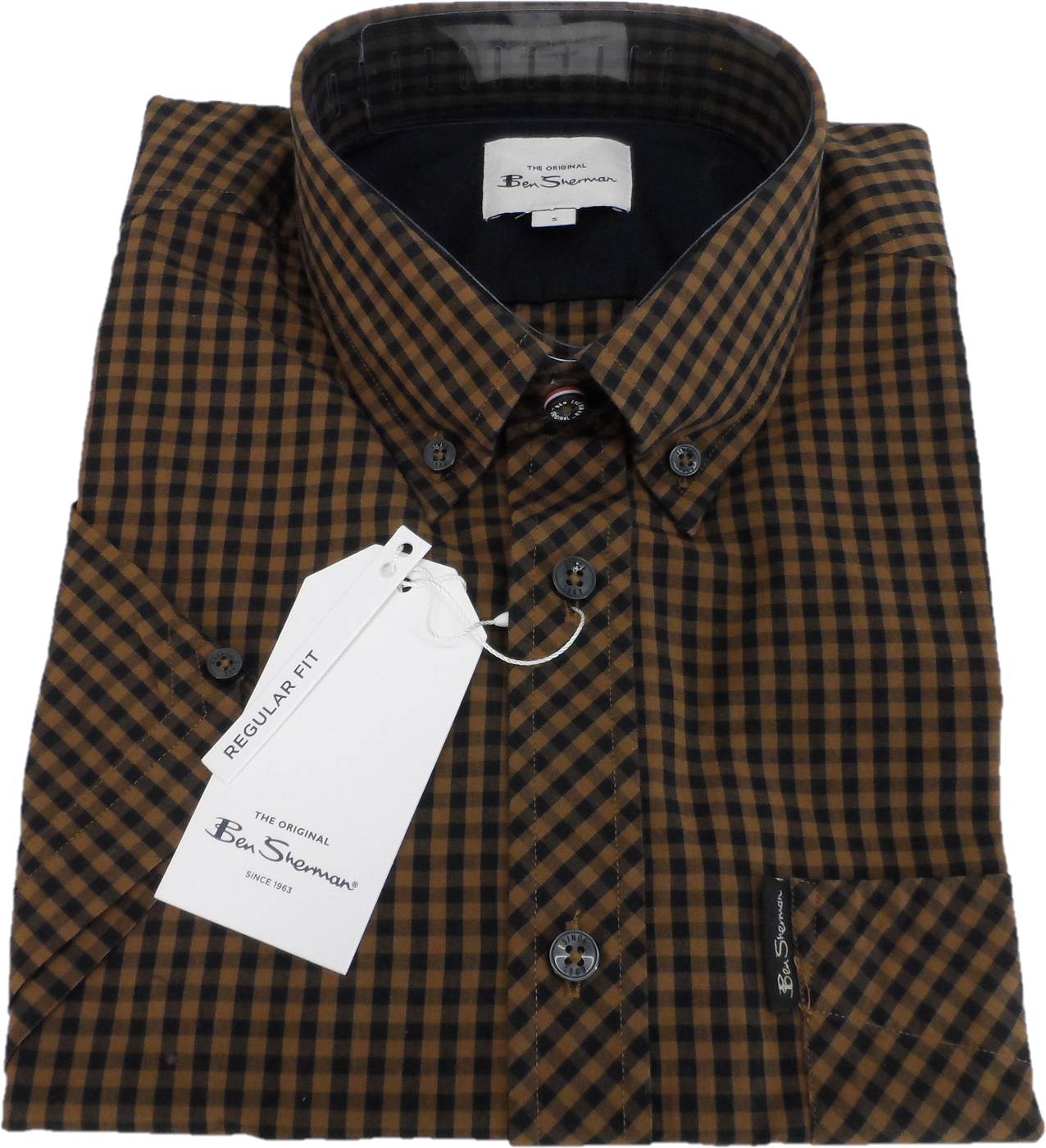 قمصان Ben Sherman للرجال ذات مربعات قطنية سوداء/بنية بأكمام قصيرة...