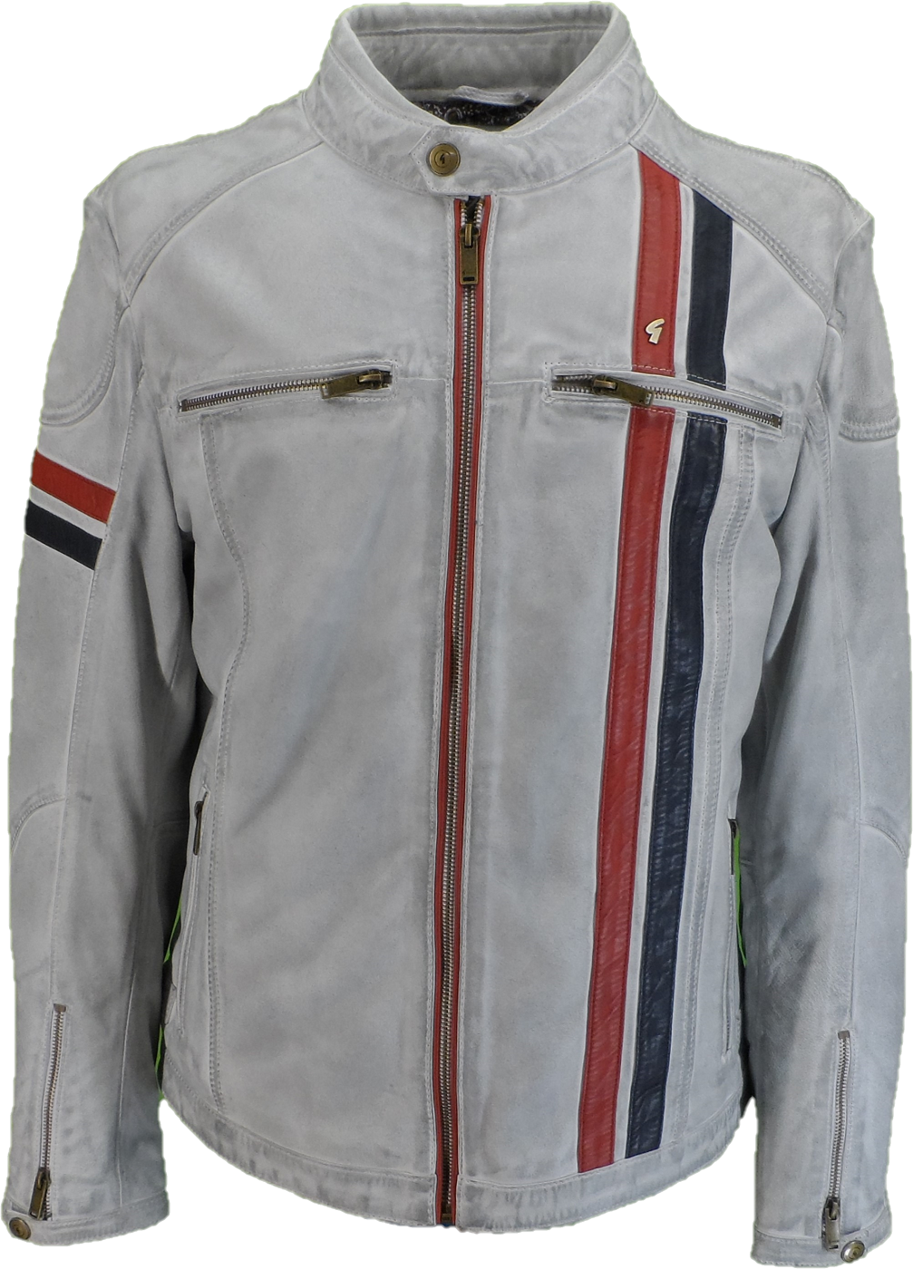 Gabicci Mens White/Blue/Red Leather Rally Jacket