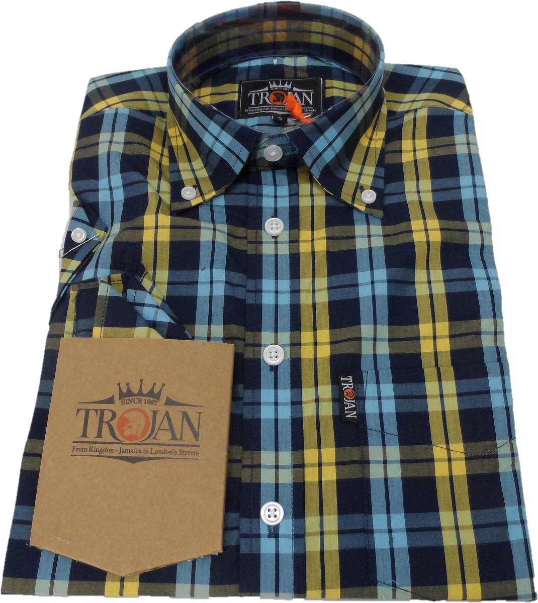 Trojan Mens Navy Blue Check 100% Cotton Short Sleeved Shirts and Pocket Square