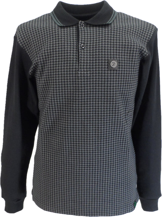 Trojan Mens Black Long Sleeve Houndstooth Polo Shirt