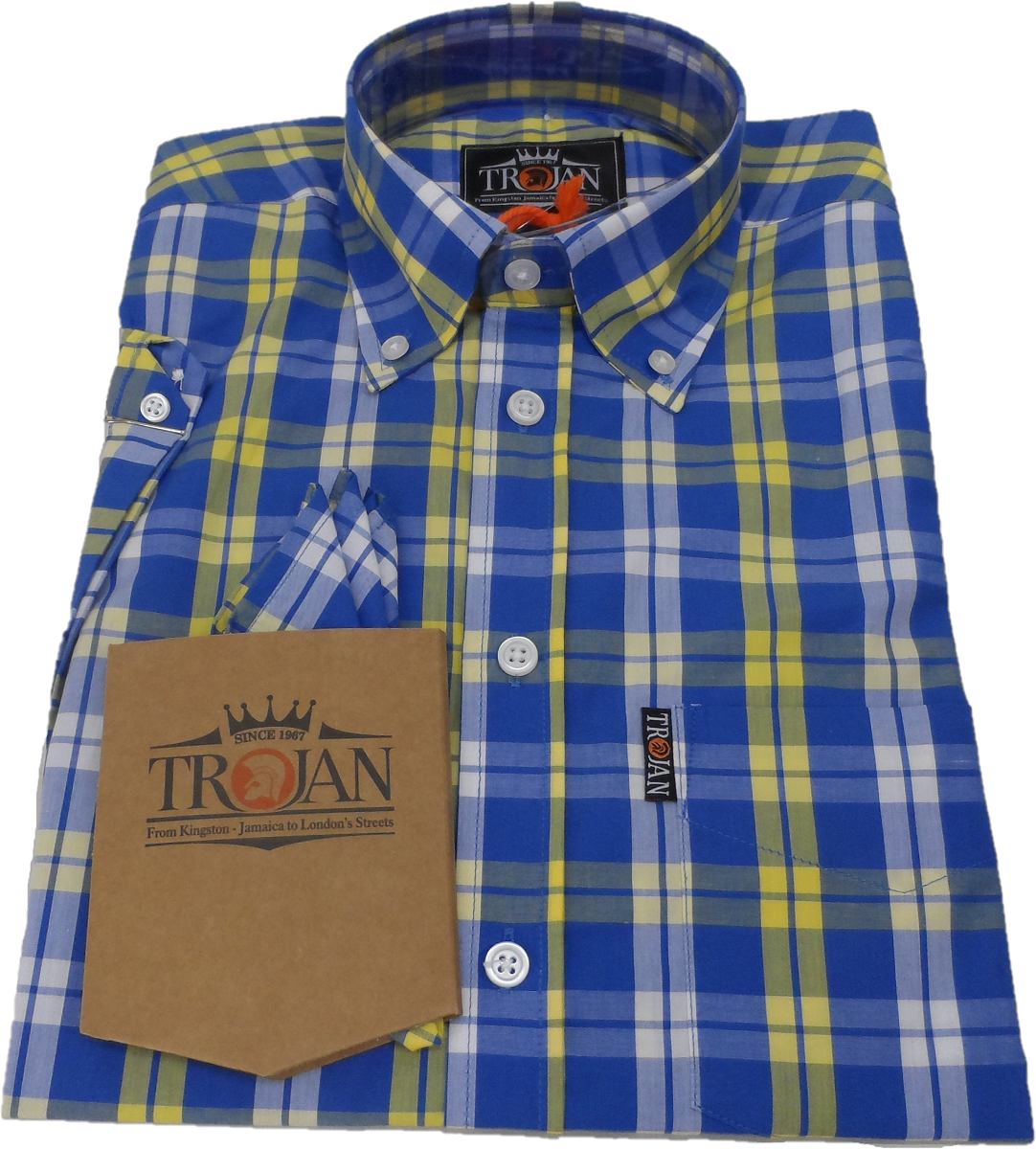 Trojanメンズ コバルト ブルー チェック コットン 100% 半袖シャツとポケット チーフ