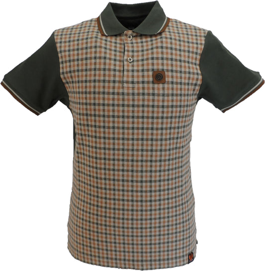 Trojan Mens Army Green Gingham Check Panel Polo Polo Shirt