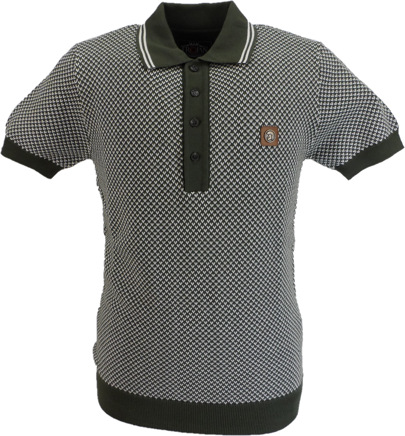Trojan Mens Army Green Pattern Fine Gauge Knitted Polo Shirt