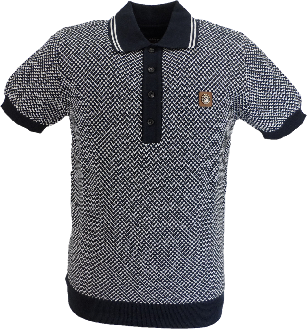 Trojan Mens Navy Blue Pattern Fine Gauge Knitted Polo Shirt