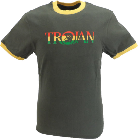 Trojan Records Herren-T-Shirt aus 100 % pfirsichfarbener Baumwolle mit Rasta-Logo in Armeegrün
