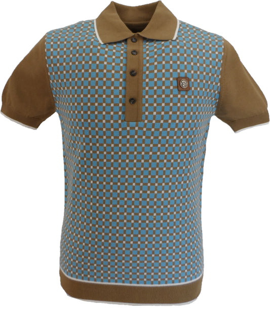 Trojan Mens Camel Brown Squares Cotton Fine Gauge Knitted Polo Shirt