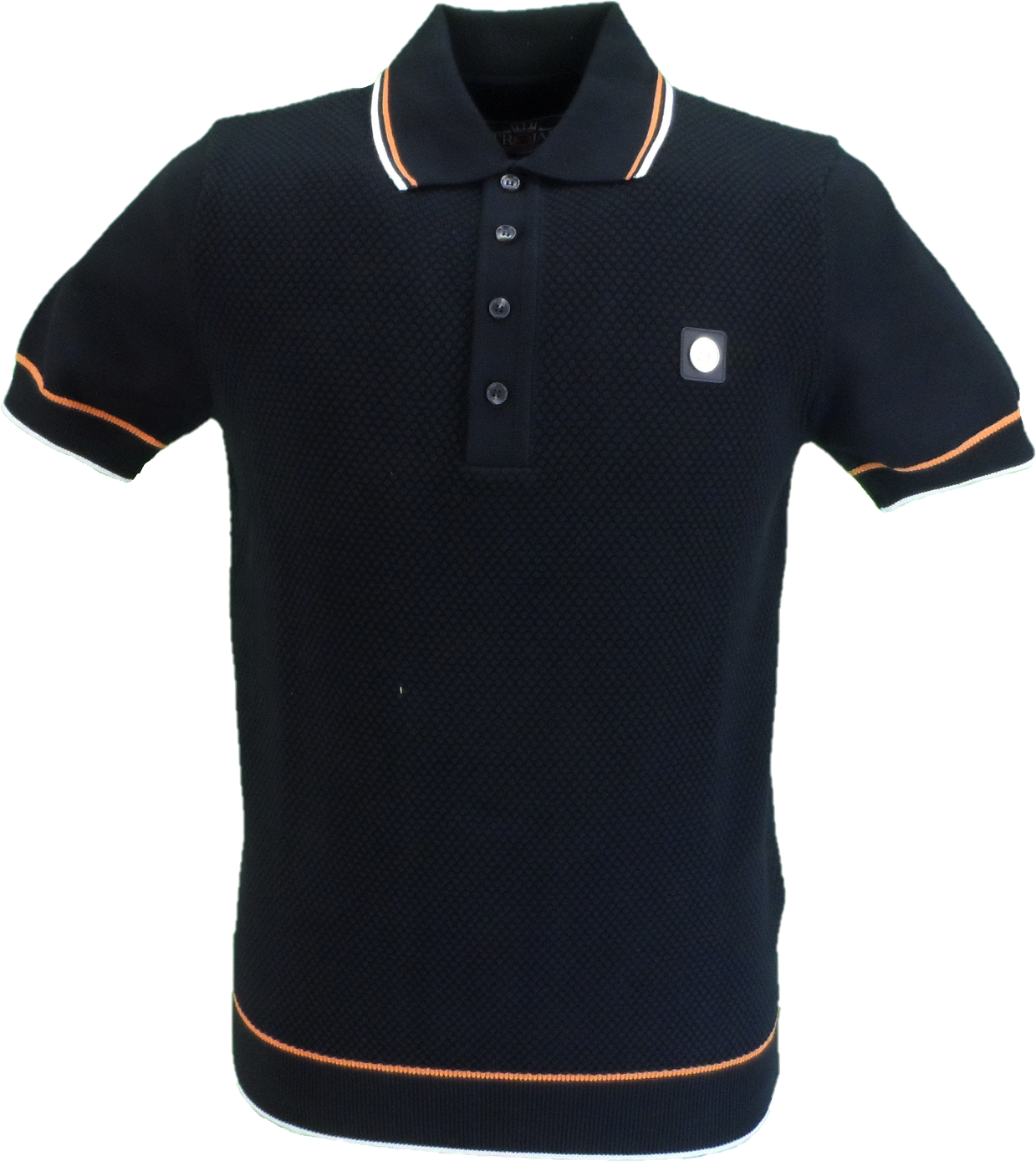 Trojan polo de punto de calibre fino texturizado en negro/naranja/blanco para hombre