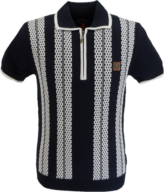 Trojan Mens Navy Blue Zip Stripe Fine Gauge Zipped Knitted Polo Shirt