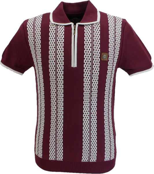 Trojan Mens Port Red Zip Stripe Fine Gauge Zipped Knitted Polo Shirt