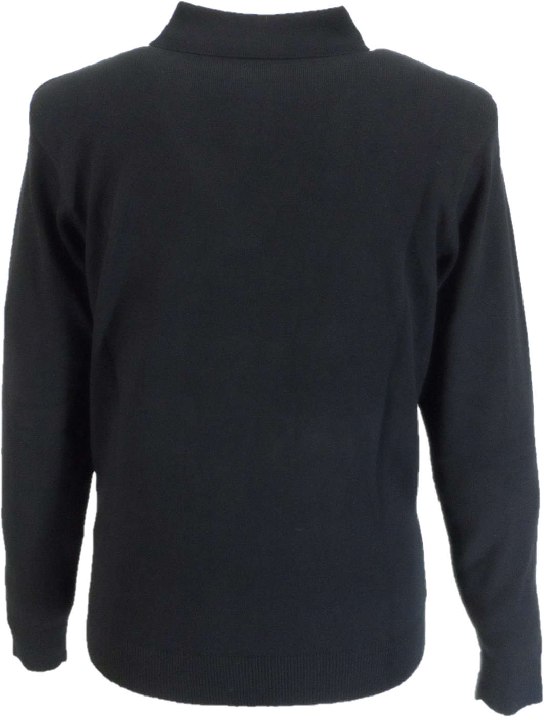 A black long-sleeve knit sweater with a mock neck collar, shown from the back on a white background.