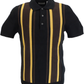 Black polo shirt with brown and yellow vertical stripes on a white background