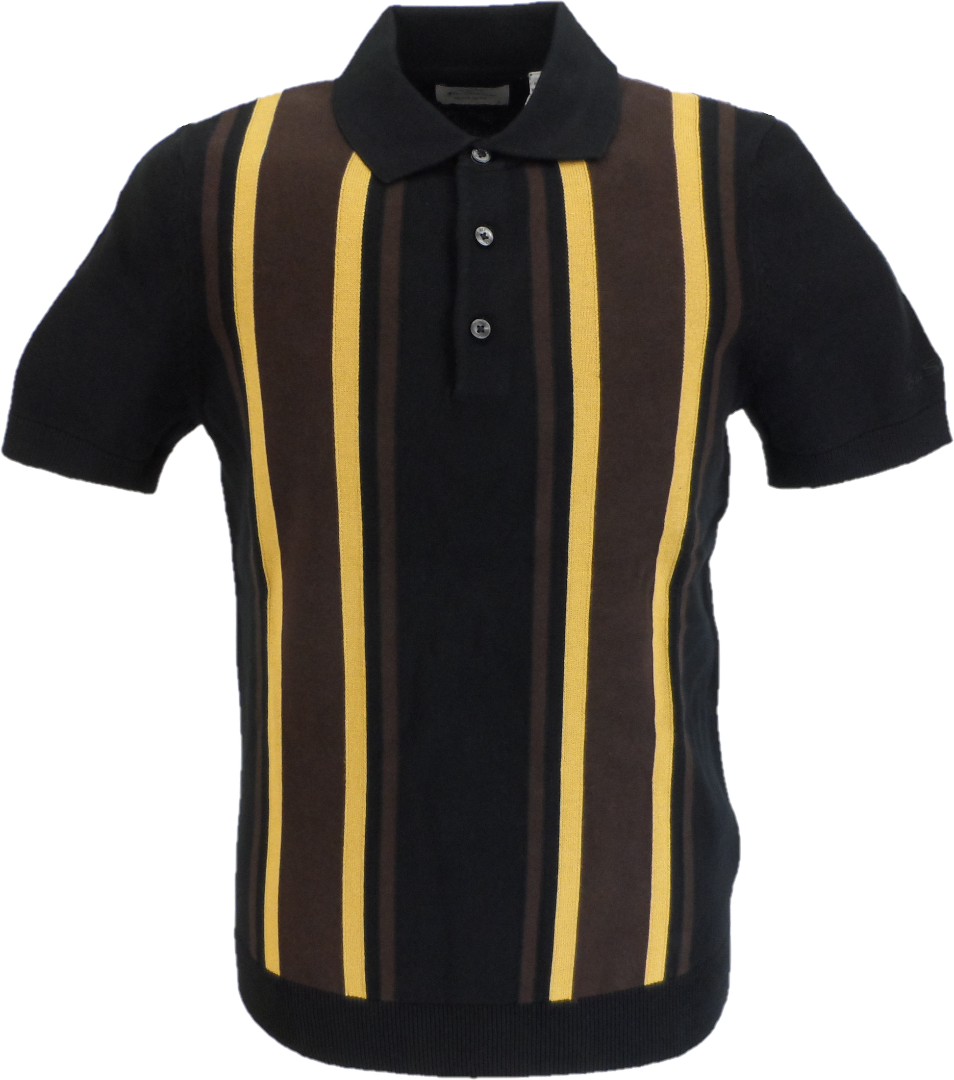 Black polo shirt with brown and yellow vertical stripes on a white background