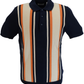 Striped polo shirt with navy, orange, and beige colors on a white background