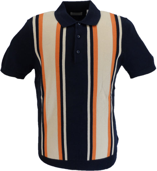 Striped polo shirt with navy, orange, and beige colors on a white background