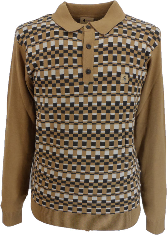 Gabicci Mens Frankie Nutmeg Brown Geo Retro Knitted Polo