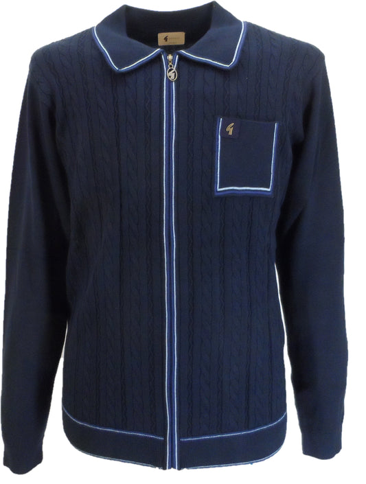 Gabicci Mens Navy Blue Laverne Textured Zip Up Retro Knitted Cardigan
