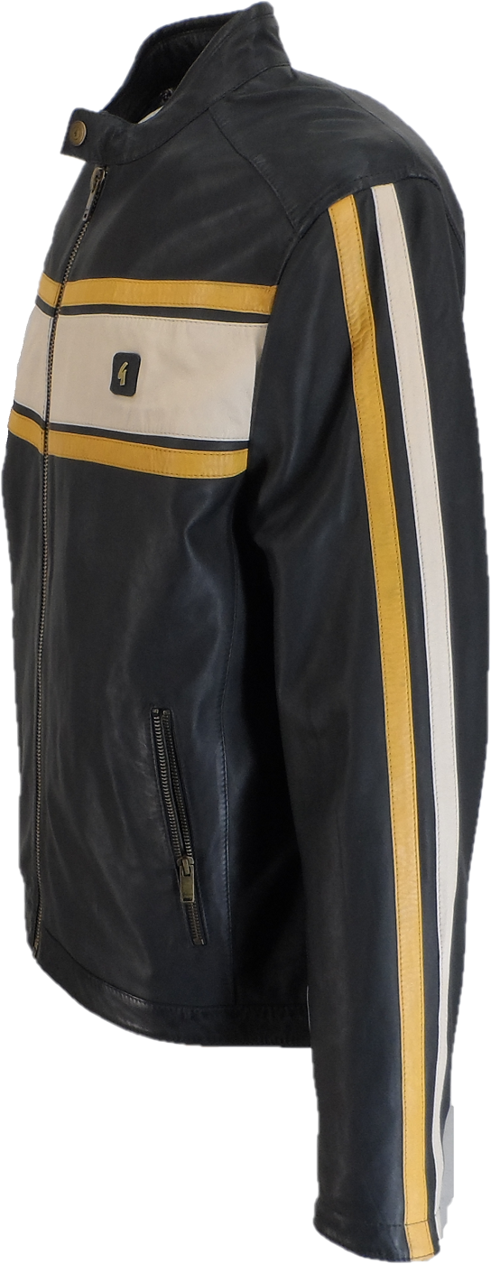 Gabicci Mens Lambaert Navy/White/Gold Leather Rally Jacket