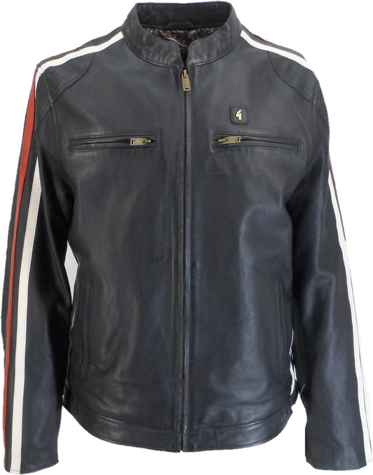 Gabicci Mens Moto Navy/White/Red Leather Rally Jacket