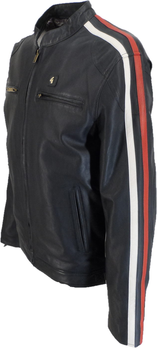 Gabicci Mens Moto Navy/White/Red Leather Rally Jacket