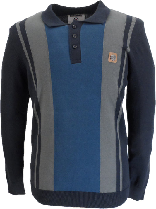 Lambretta Mens Navy Blue and Grey Striped Knitted Polo Shirt