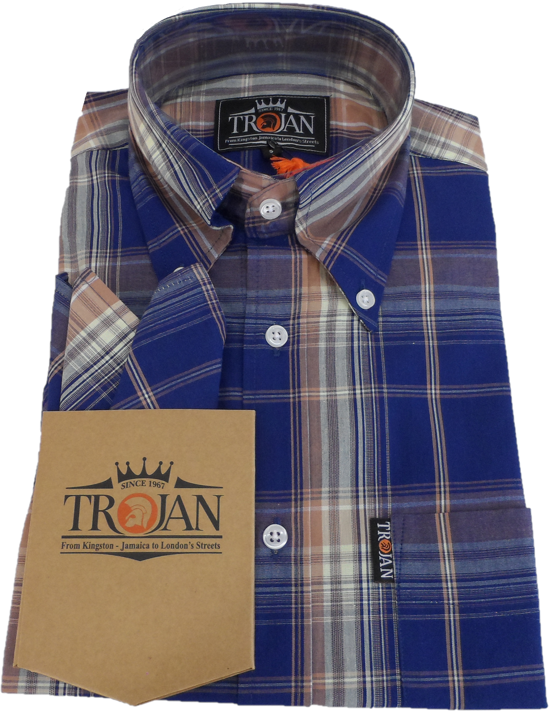 Trojan Mens Navy Blue Big Check Short Sleeved Shirts and Pocket Square