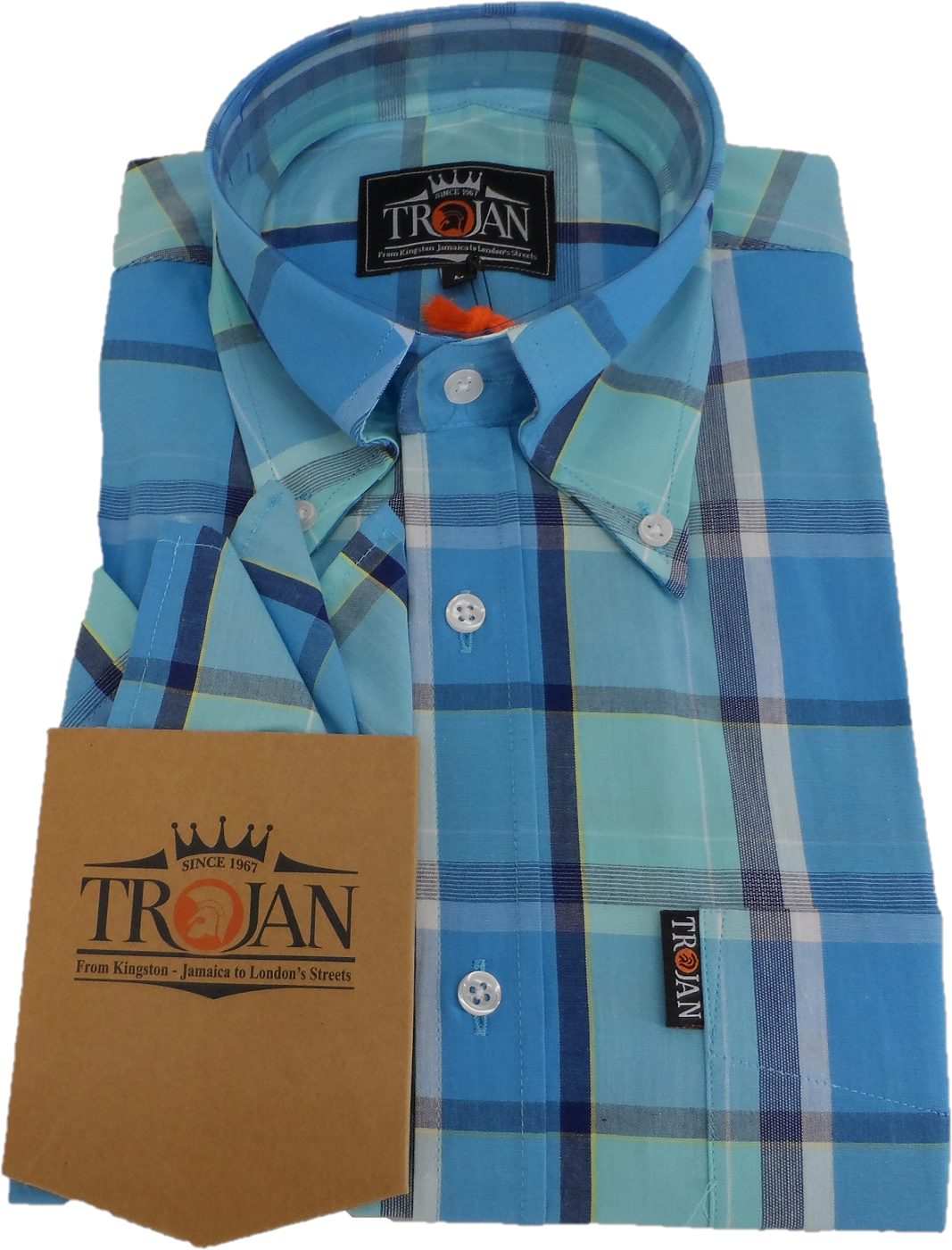 Trojan Mens Cobalt Blue Check Short Sleeved Shirts and Pocket Square