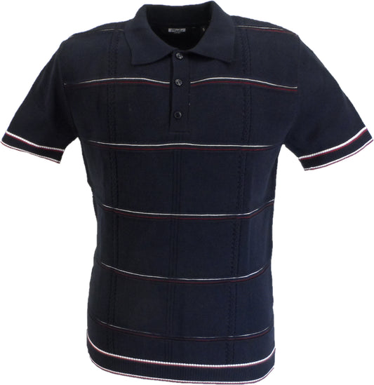 Relco Mens Navy Blue Retro Cable Knitted Polo Shirts