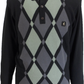 A men's long-sleeve knit polo sweater featuring a classic argyle pattern in shades of gray, sage green, and charcoal, with solid black sleeves, collar, and button placket. A small embroidered logo is visible on the left chest.