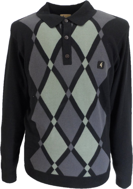 A men's long-sleeve knit polo sweater featuring a classic argyle pattern in shades of gray, sage green, and charcoal, with solid black sleeves, collar, and button placket. A small embroidered logo is visible on the left chest.