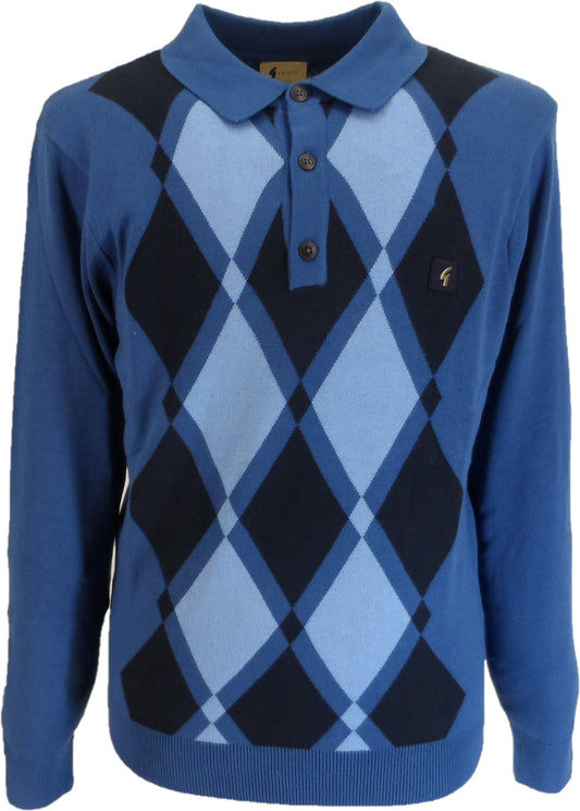 Gabicci Vintage Mens Argyle Airforce Blue Knitted Polo