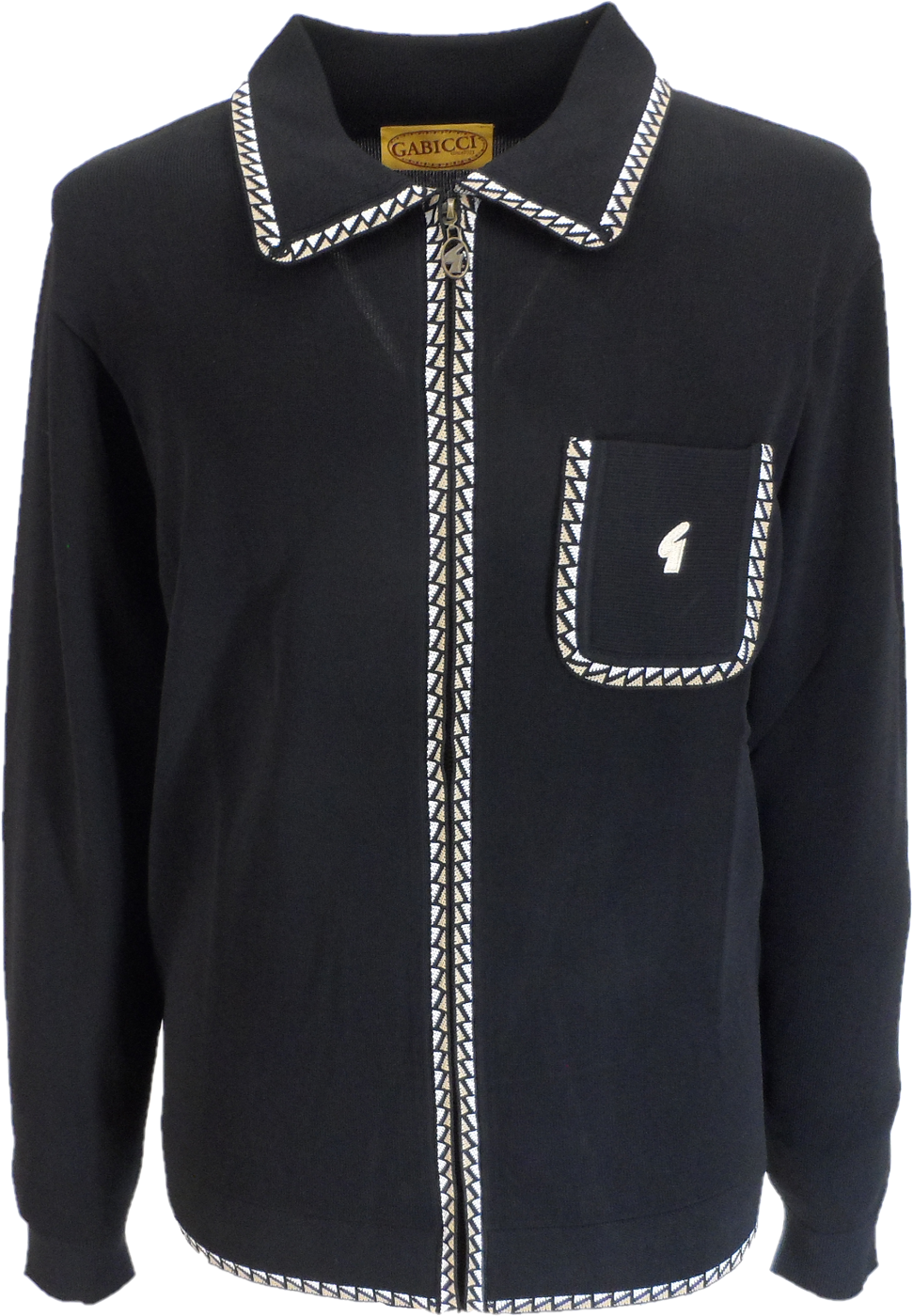 A black long-sleeve knit polo shirt by Gabico, featuring white braided trim along the collar, front placket, pocket, and hem, with a white embroidered logo on the chest pocket.